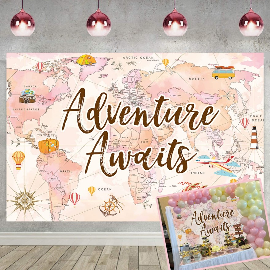 Picture of: Adventure Awaits Backdrop xft Travel Adventure Waiting Party Decoration  Bon Voyage Adventure Card Photography Backdrop Birthday Baby Shower Photo