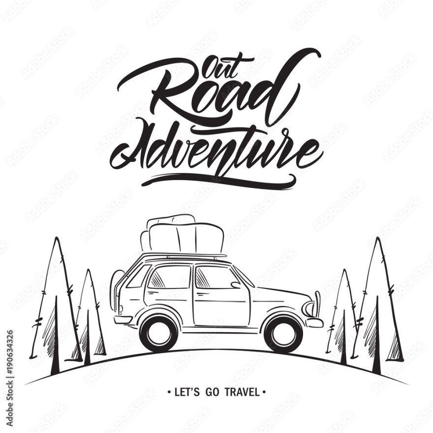 Picture of: Hand drawn travel car with handwritten lettering of Out Road