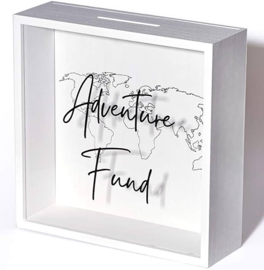 Picture of: MYSU Designs, Adventure Fund Box, White Shadow Box Bank Travel, Acrylglas &  Holz Sparschwein für Erwachsene, Ferienfund Spardose, Flitterwochen Fund