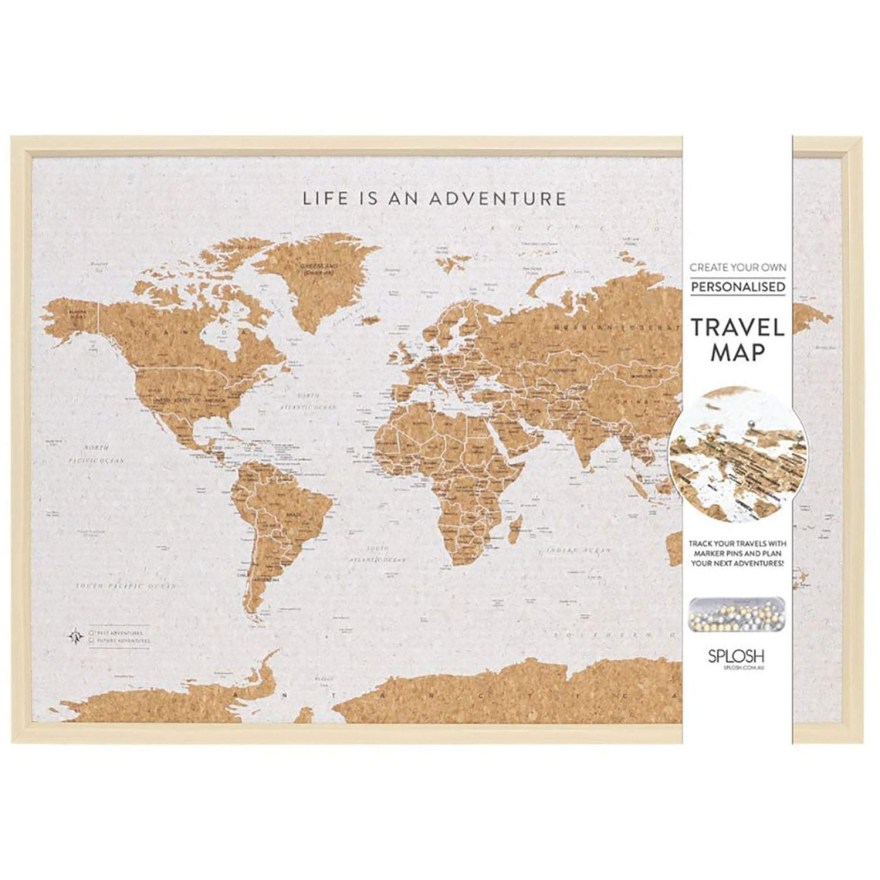Picture of: Splosh – Large world map pin board in a white wooden frame for travel